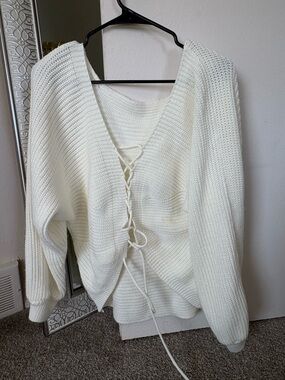 SHEIN Cream Lace-Up V-Neck Off-Shoulder Knit Sweater